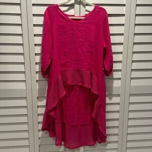 Linen Top with crotchet detail bottom short in the front and long in the back.